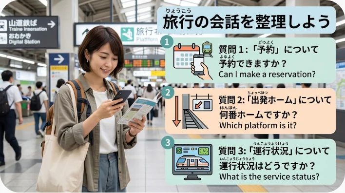 英国の保存鉄道で日本人家族がスタッフに乗り場を尋ねる場面