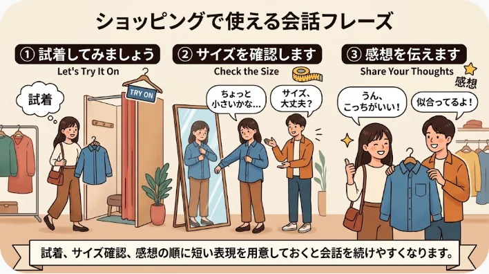 洋服店の試着室付近でジャケットのサイズを店員に確認する客