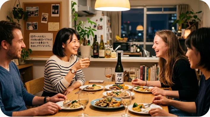 感謝祭に招かれた日本人英語学習者がホストへ手土産を渡して会話する画像