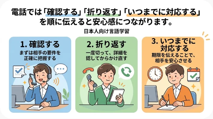 日本人の会社員が電話で顧客対応をし、同僚が注文内容を確認している職場場面