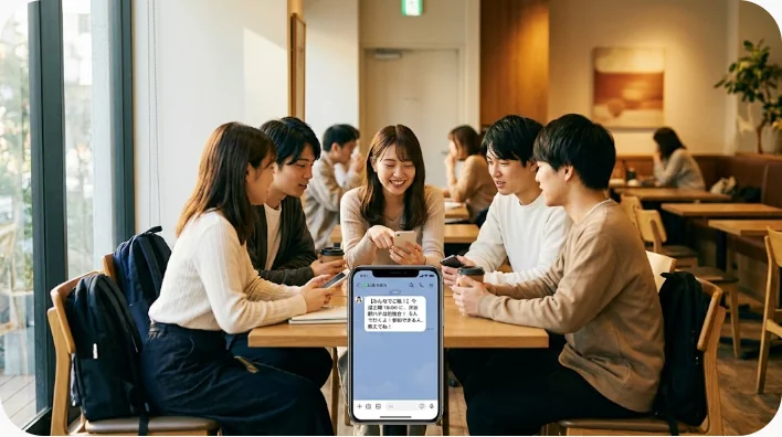 仕事後に多様な同僚たちがレストラン前で夕食への誘いを交わす場面