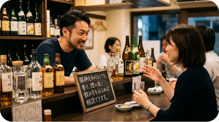 スコットランドのバーで日本人の成人学習者が店員にスコッチの飲み比べを注文する場面