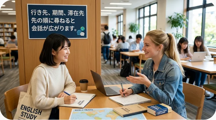 海辺のカフェで旅行について英語で話す日本人学習者とイギリス人旅行者