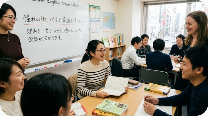 憧れの人物や職業について英語で会話練習をする日本人学習者と講師