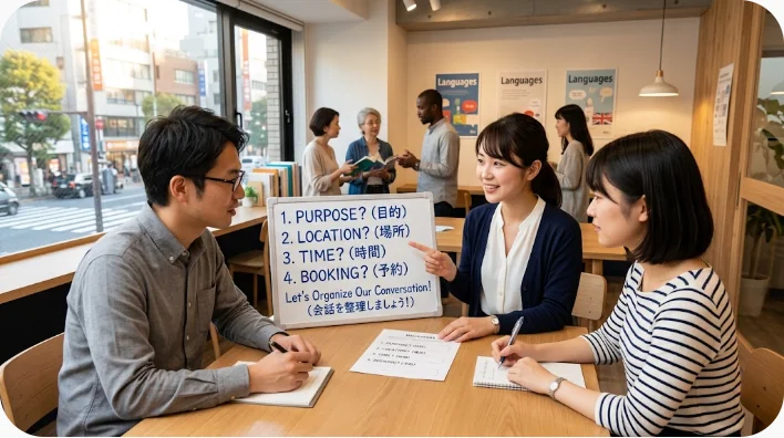 ハワイの文化センターで旅行者が案内係にフラ公演について尋ねる場面