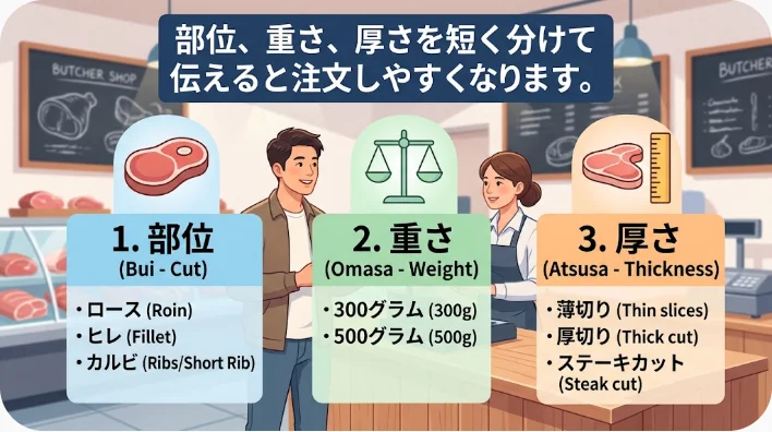 アメリカの精肉カウンターで牛肉の薄切りを英語で注文する日本人学習者