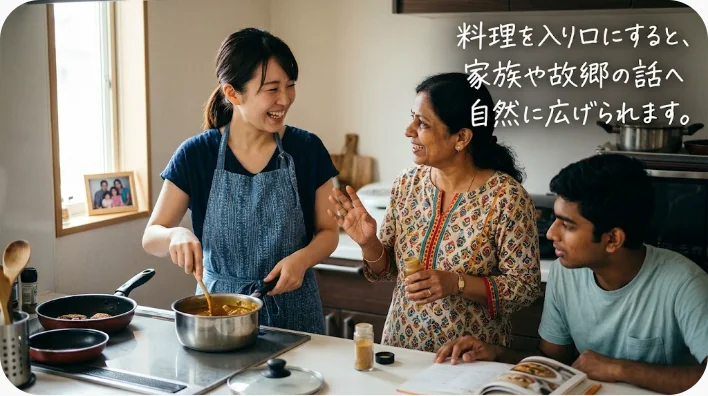 英語学習者とアメリカ人が手作りクッキーを囲んで会話する場面