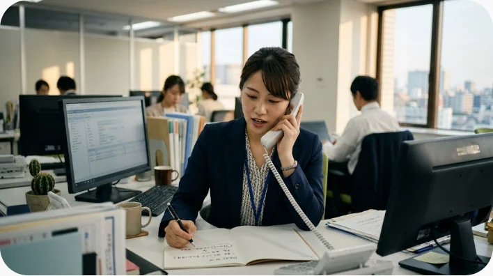 日本人の成人が歯科保険担当者と電話で話しながら質問と回答をメモしている様子
