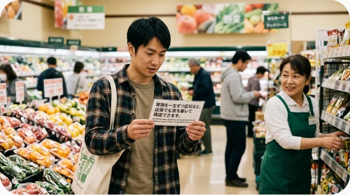 英国の菓子店で学習者が店員に箱入りのウェディングフルーツケーキについて尋ねる場面