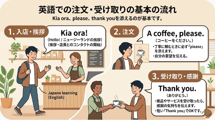 ニュージーランドのカフェで店員と学習者があいさつを交わす場面
