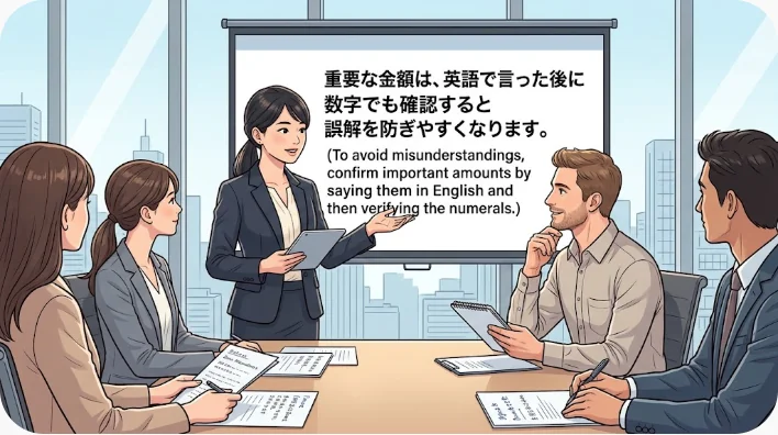 会議で日本人学習者と英語話者が大きな予算額を慎重に確認している場面