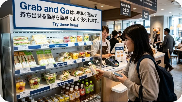 海外のコンビニ店内で旅行者が持ち帰り用のサンドイッチと飲み物を選んでいる様子