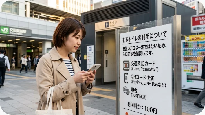 硬貨投入口とタッチ決済端末が設置されたイギリスの公共トイレ入口