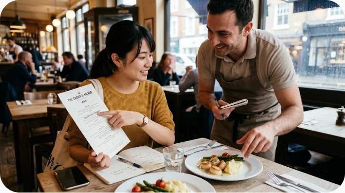 店員と学習者がレストランのメニューを指しながら料理について確認する様子