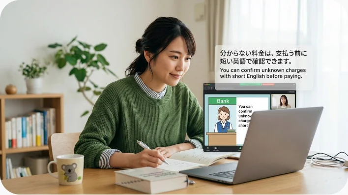 日本人の英語学習者がレストラン店員と伝票を見ながらチップ込みか確認している場面