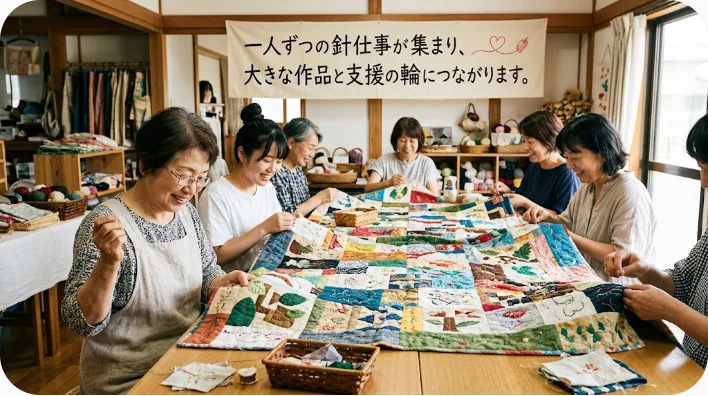 多様な参加者が大きなキルト枠を囲んでチャリティキルトを共同制作する様子