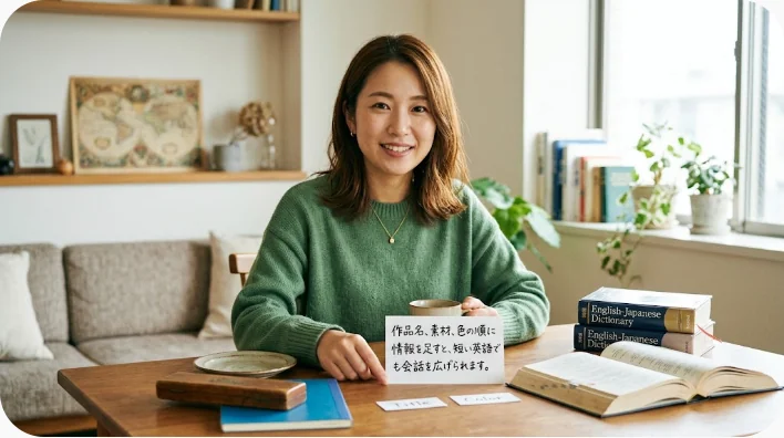 刺繍入りのバッグと色糸が並ぶ手芸店で英語を話す学習者と店員
