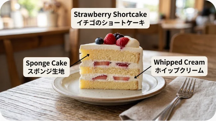 英語圏のカフェで日本式ショートケーキについて店員に尋ねる日本人学習者