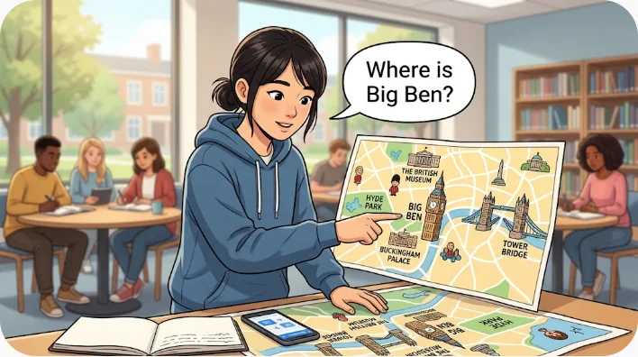 テーマパークのアトラクション入口で日本人学習者がスタッフに英語で道を尋ねる場面