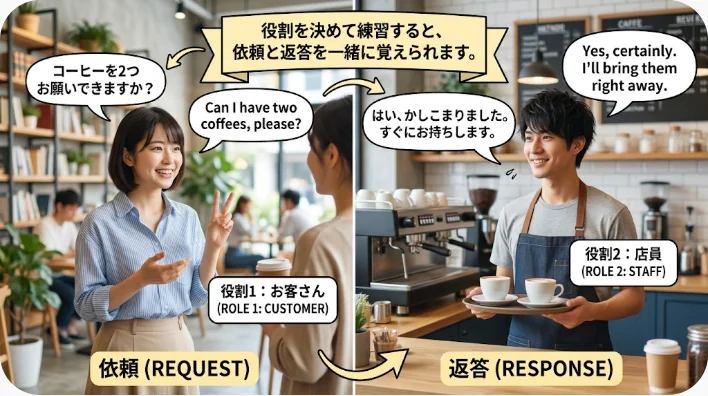 日本人の英語学習者が講師とお小遣いに関する家庭会話を練習している画像