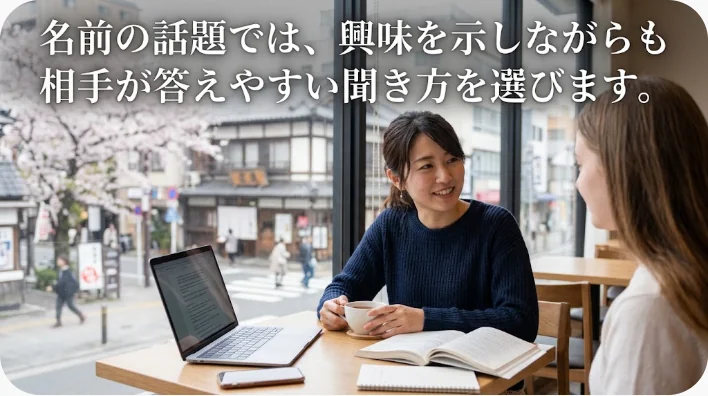 カフェで名前の由来について丁寧に話す英語話者と日本人学習者