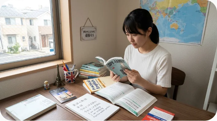 アメリカの書店とギフトショップでコミック集や犬のキャラクター商品を探す旅行者