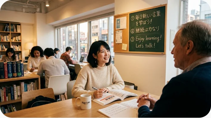 カフェで天気予報を見ながらハイキングと映画の予定を相談する二人の英語学習者