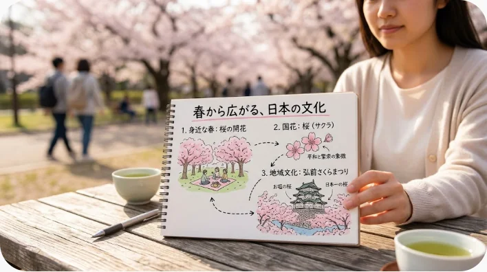 桜の下で日本人英語学習者と多様なアメリカ人が会話する春の交流場面
