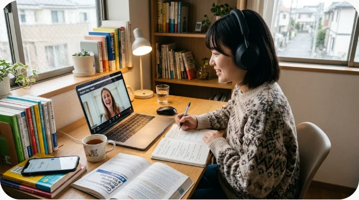 日本の伝統スポーツを観戦しながら日本人学習者と海外訪問者が英語で会話する画像