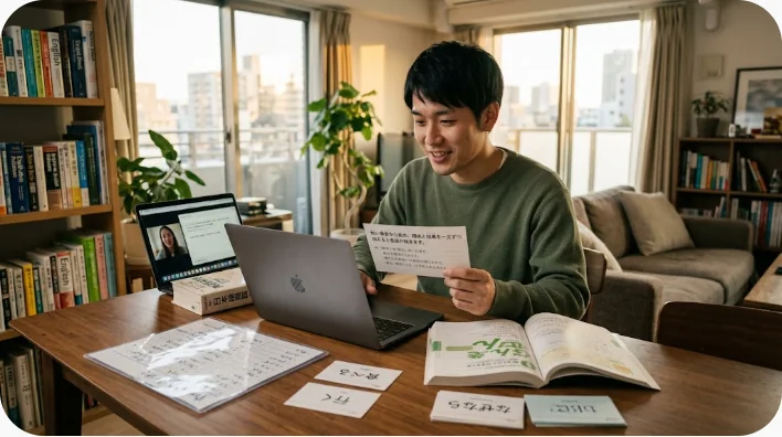 学習者と英語講師が地球儀を見ながらアラスカの歴史と航空路について話す場面