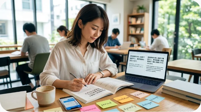 日本人を含む成人英語学習者が博物館の学習室で王室洗礼服の写真を見ながら話している場面