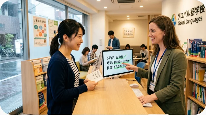 日本人旅行者がホテルのフロントで予約内容と到着時刻を確認している場面