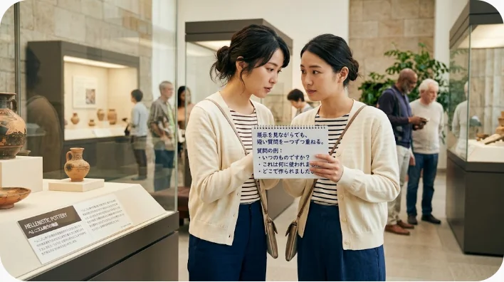 日本人英語学習者が英国の博物館案内係に王室宝器について質問する場面