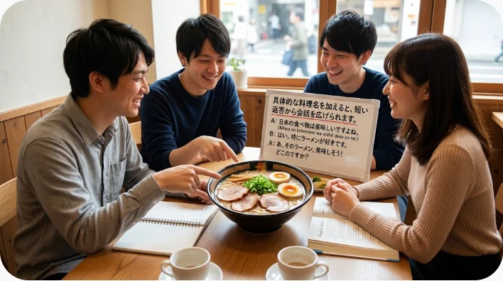 多様な学習者が料理教室でカレーやサラダを作りながら英会話を練習する場面