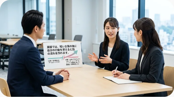 日本人の求職者が多様な面接担当者と英語面接を練習する場面