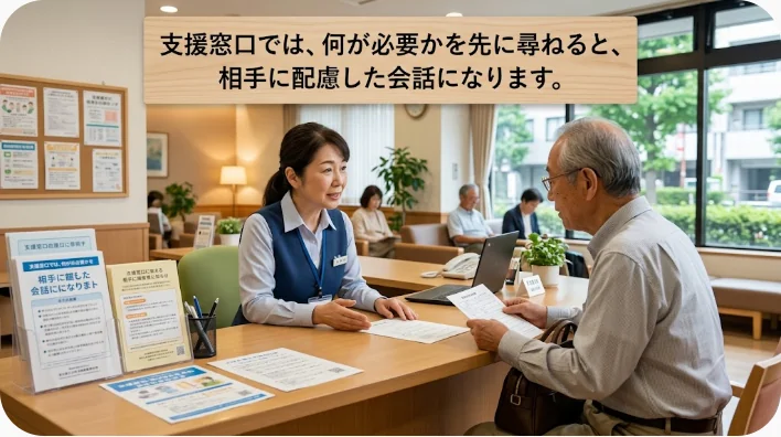 地域支援センターで災害寄付について英語で会話する日本人学習者と非営利団体スタッフ