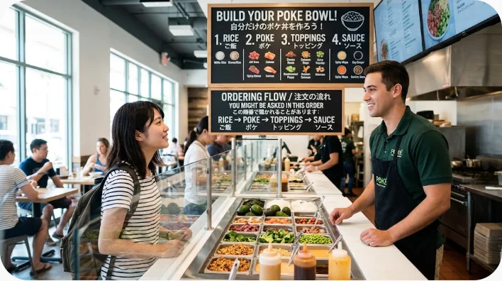 ハワイのポケ店で食材を指しながらポケボウルを注文する学習者
