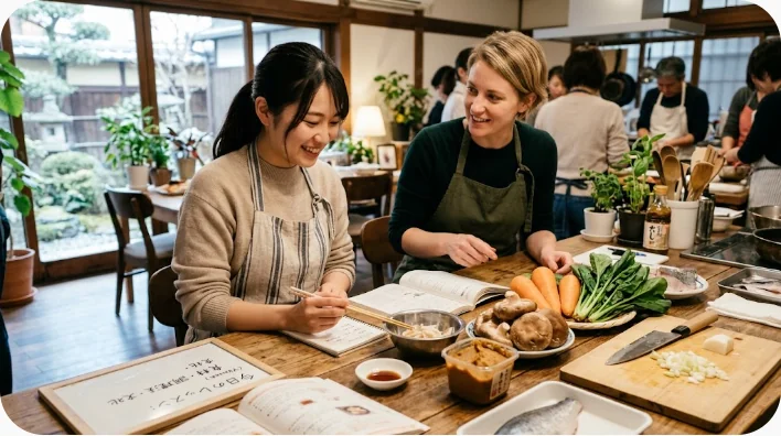 シドニーの現代的なレストランで旅行者が店員から原産食材を使った料理の説明を受けている場面