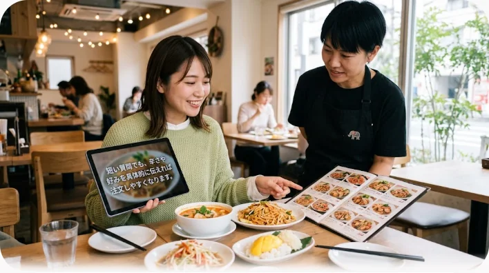 イギリスの南アジア系カレー店で日本人学習者が店員に辛さを尋ねている場面