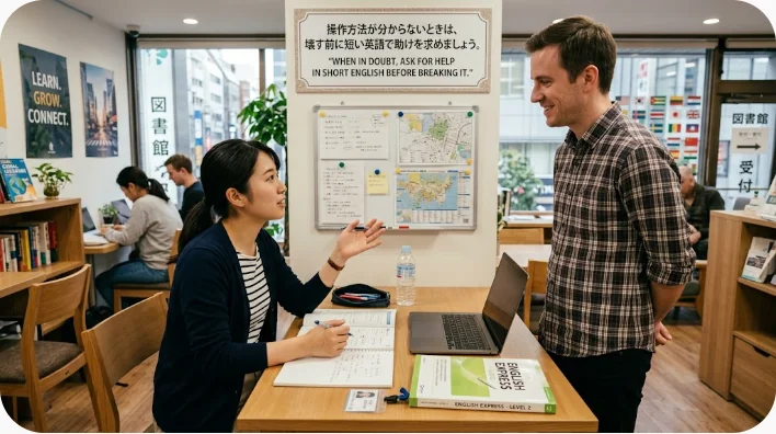 アメリカのホテルスタッフに浴室設備の使い方を英語で尋ねる日本人学習者