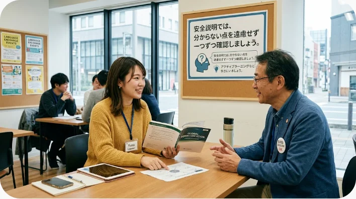 観光船で海洋ガイドからシュノーケリングの安全説明を受ける英語学習者
