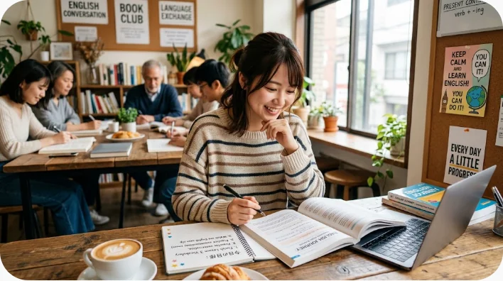 海外の寿司店で日本人学習者がメニューを指し、店員に握り寿司について質問している様子