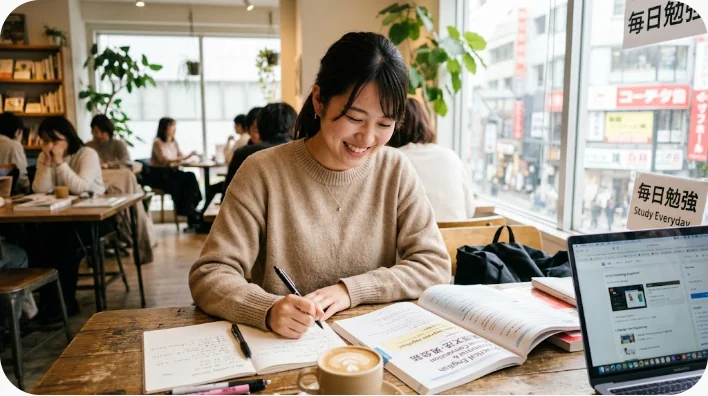 化粧品店で手の甲にファンデーションの色を試して比較する学習者と店員