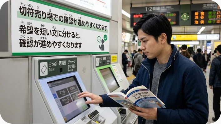 新幹線の切符売り場で旅行者と駅係員が路線図を確認している様子
