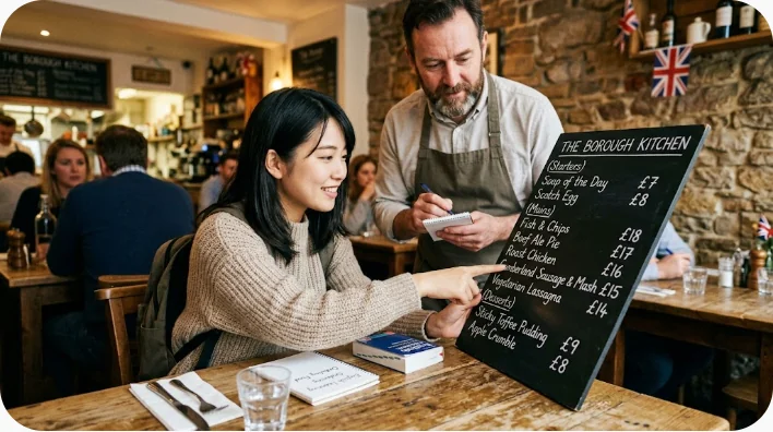 メニューを指しながら店員へ英語で料理を注文する東アジア系の成人学習者