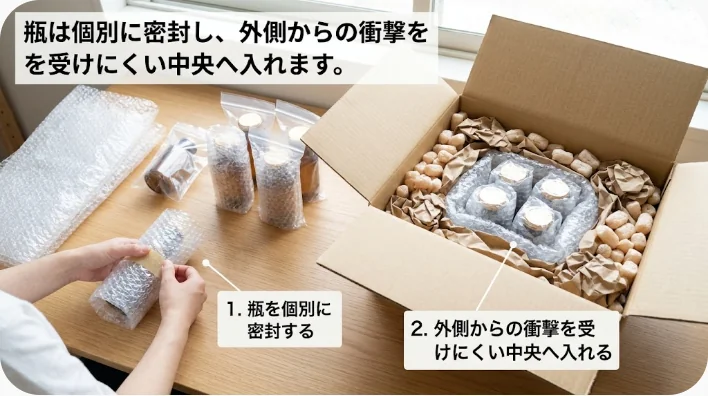 旅行者がジャム瓶や紅茶箱を衣類と保護袋で包みスーツケースへ収納する様子