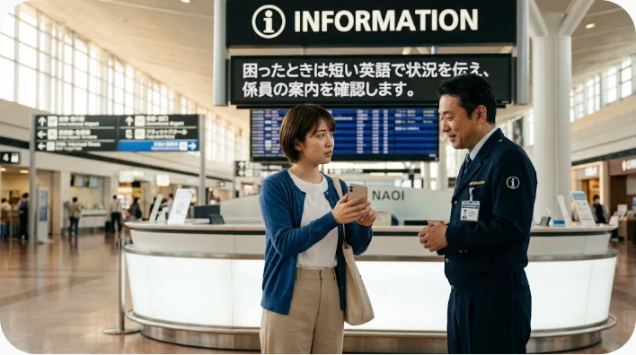 年越し会場の管理された入口で係員に道を尋ねる旅行者のグループ
