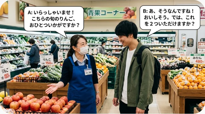 英語を使う店内で日本人学習者が店員と買い物会話を練習する様子