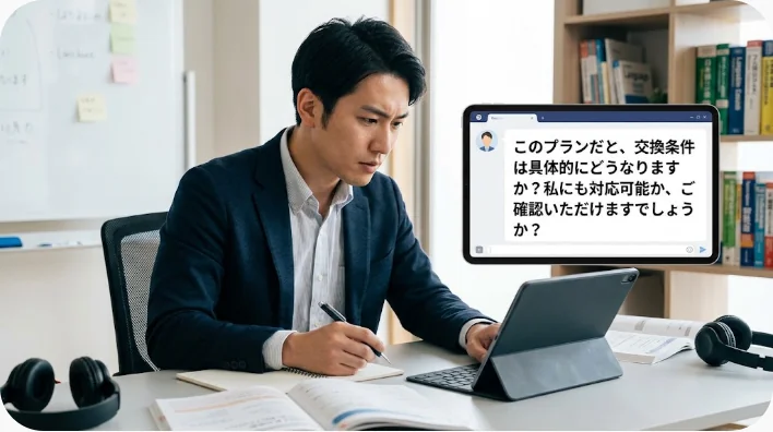 店頭で1ドル紙幣を25セント硬貨4枚へ替えてもらえるか丁寧に尋ねる英語学習者