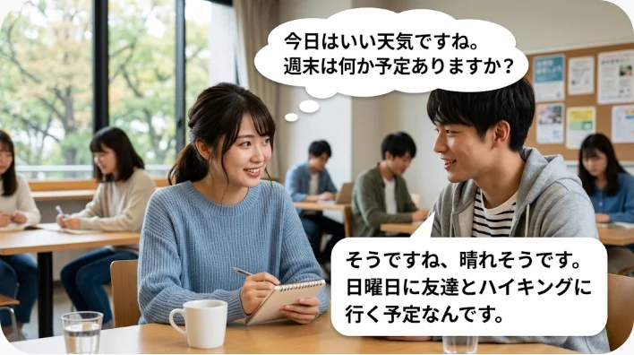 駅の入口で傘を持ちながら天気について英語で話す二人の成人